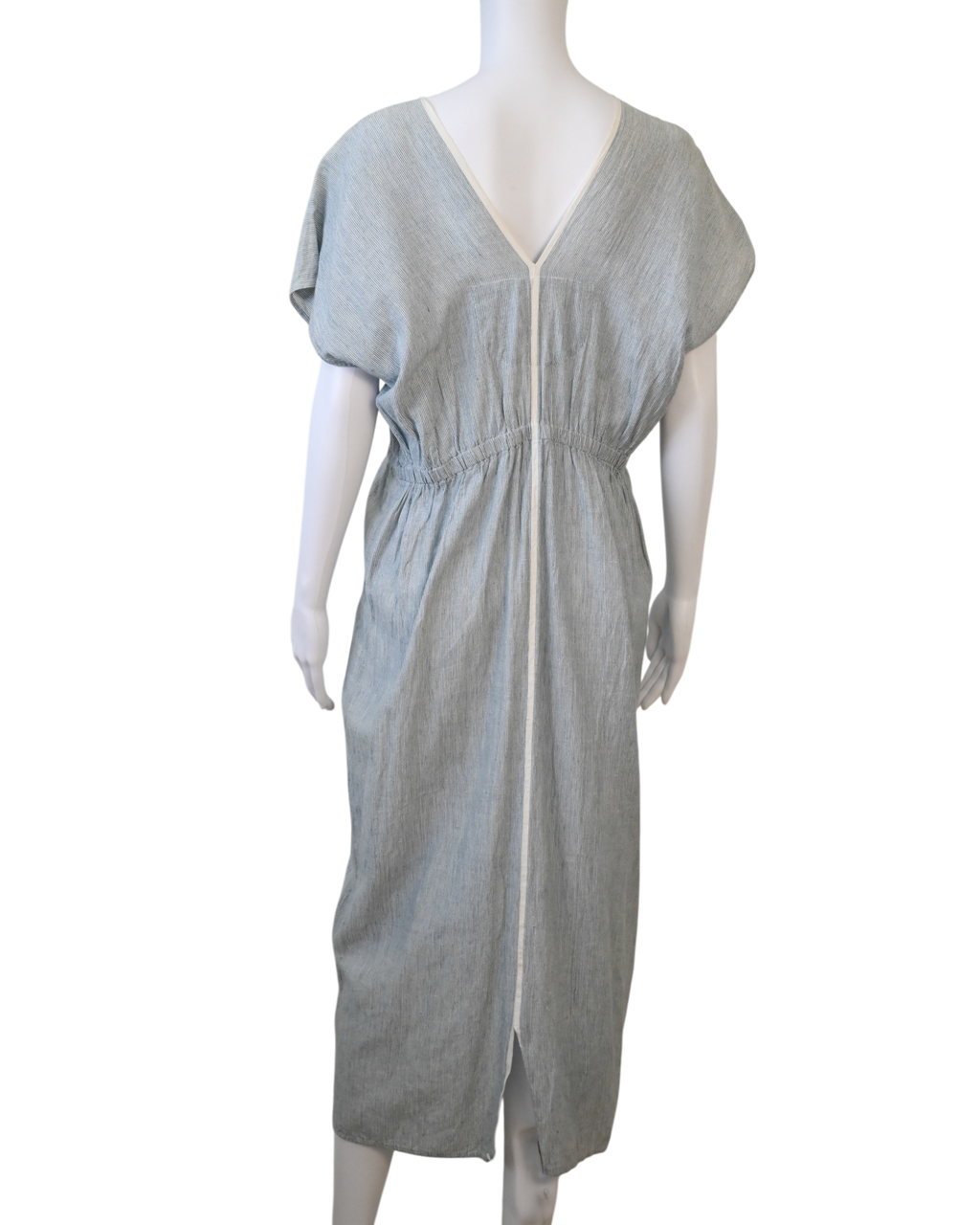 AISH blue and white maxi dress with V-neckline, short sleeves and adjustable tasseled drawstring waist
