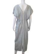 AISH blue and white maxi dress with V-neckline, short sleeves and adjustable tasseled drawstring waist