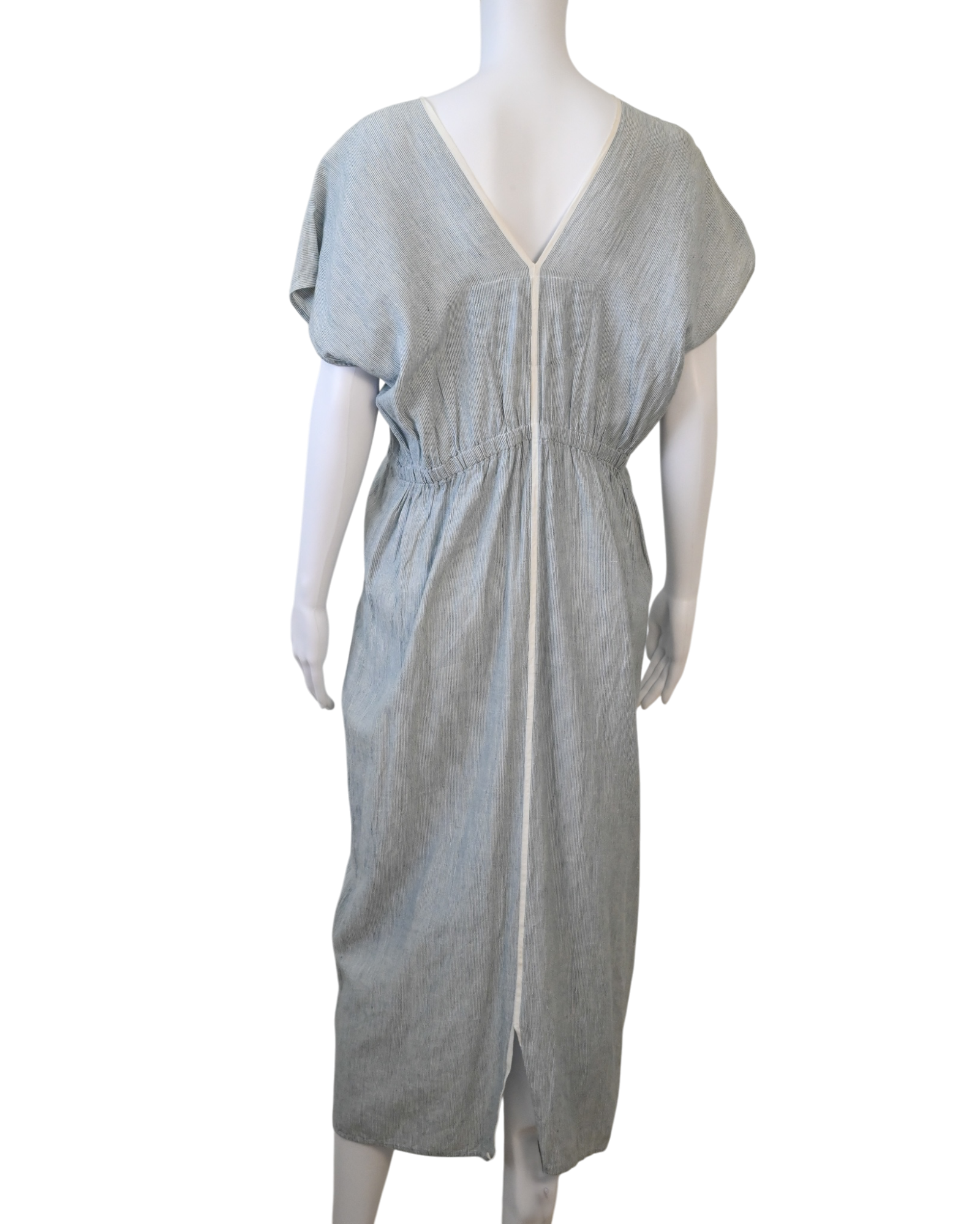 AISH blue and white maxi dress with V-neckline, short sleeves and adjustable tasseled drawstring waist