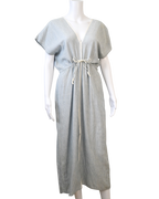 AISH blue and white maxi dress with V-neckline, short sleeves and adjustable tasseled drawstring waist