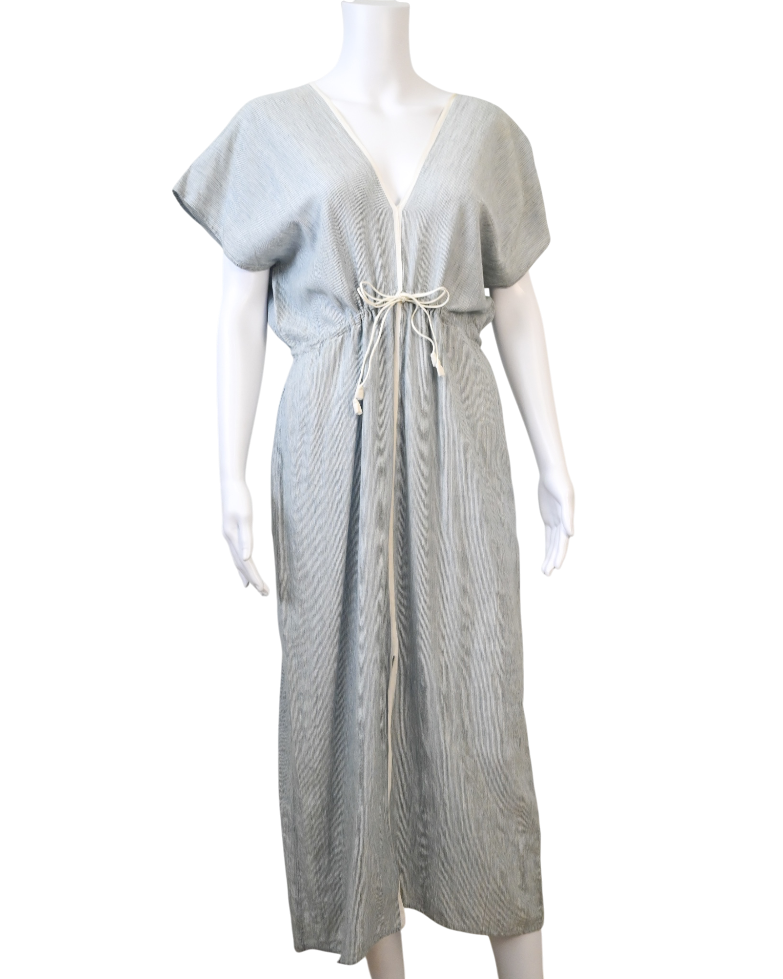 AISH blue and white maxi dress with V-neckline, short sleeves and adjustable tasseled drawstring waist