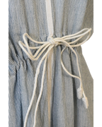 AISH blue and white maxi dress with V-neckline, short sleeves and adjustable tasseled drawstring waist