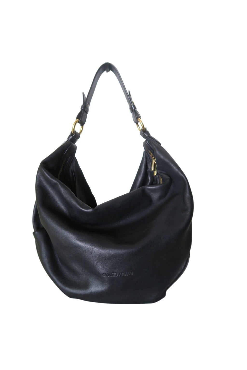 Giorgio Armani black leather shoulder bag with layered ruffle detailing and gold-tone hardware
