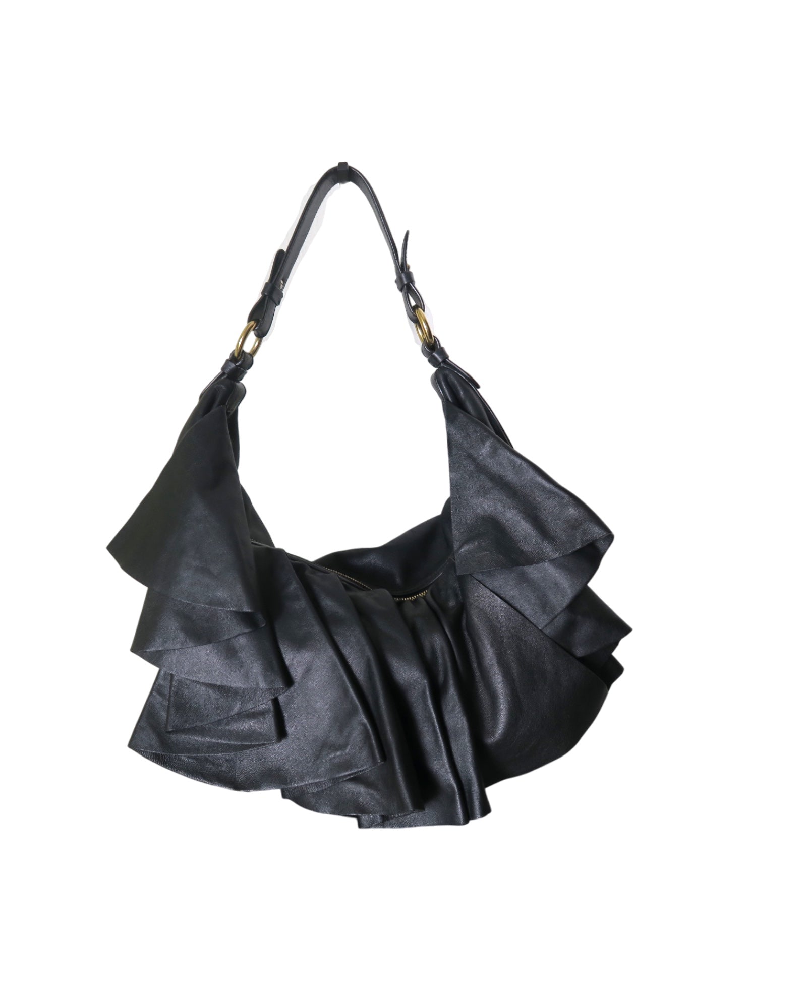 Giorgio Armani black leather shoulder bag with layered ruffle detailing and gold-tone hardware