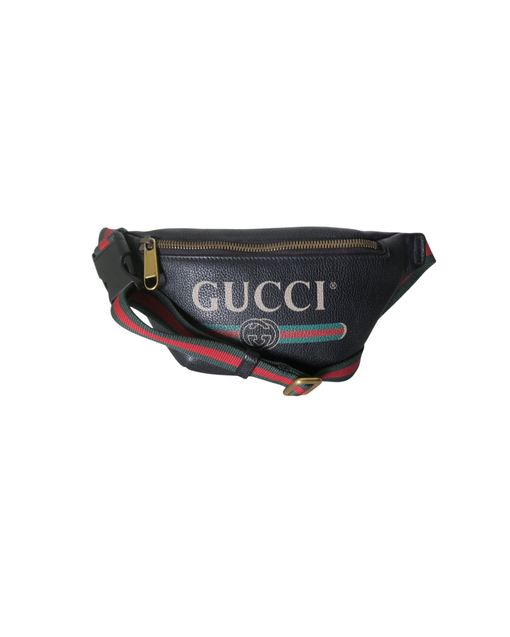 Gucci black leather waist belt bag with logo print and green and red Web strap