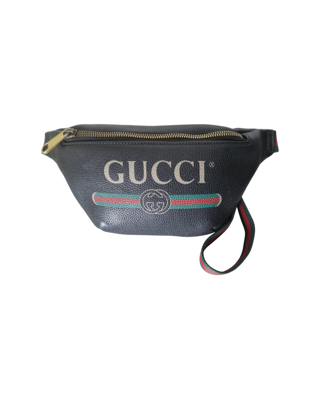 Gucci black leather waist belt bag with logo print and green and red Web strap