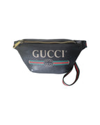 Gucci black leather waist belt bag with logo print and green and red Web strap