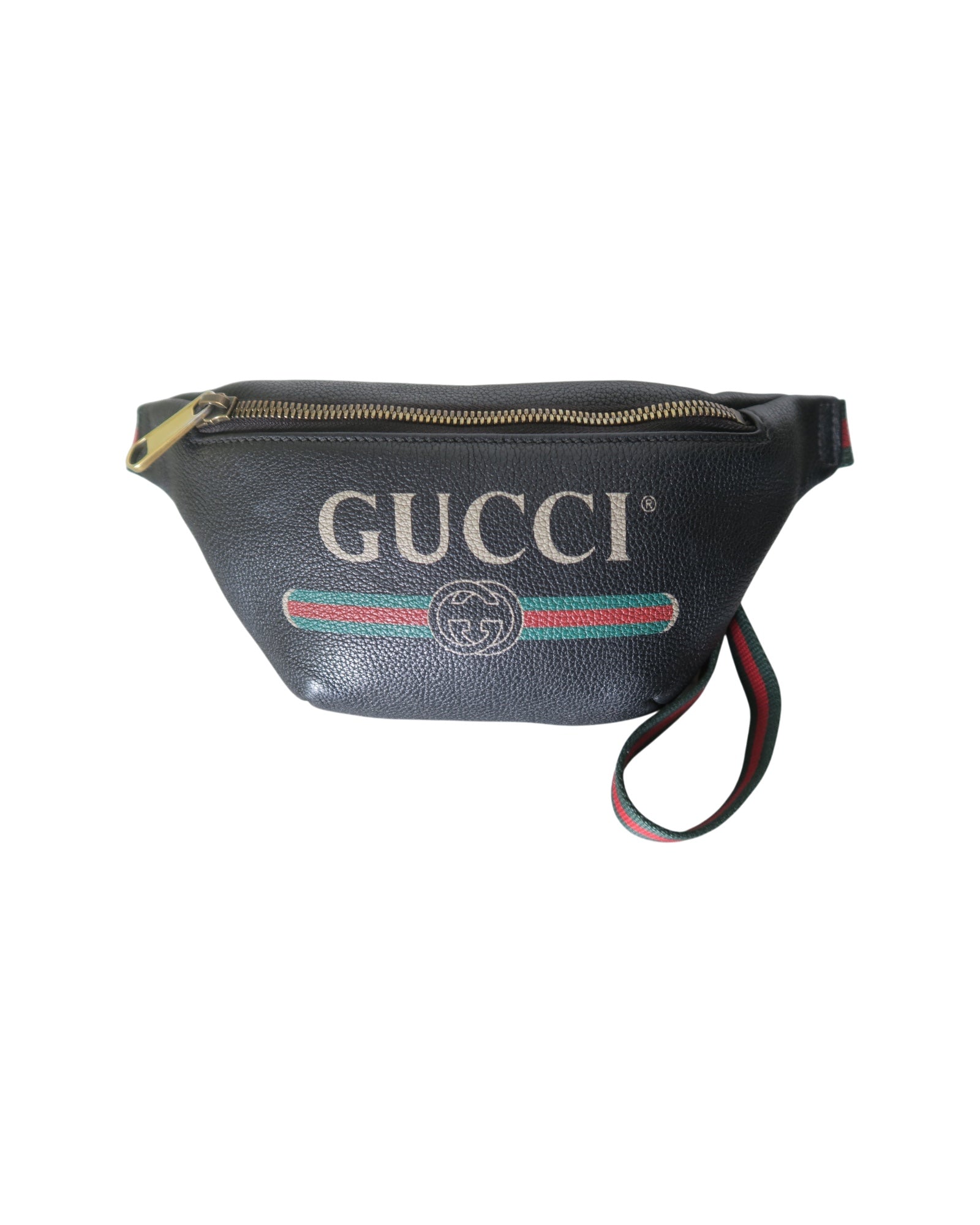 Gucci black leather waist belt bag with logo print and green and red Web strap