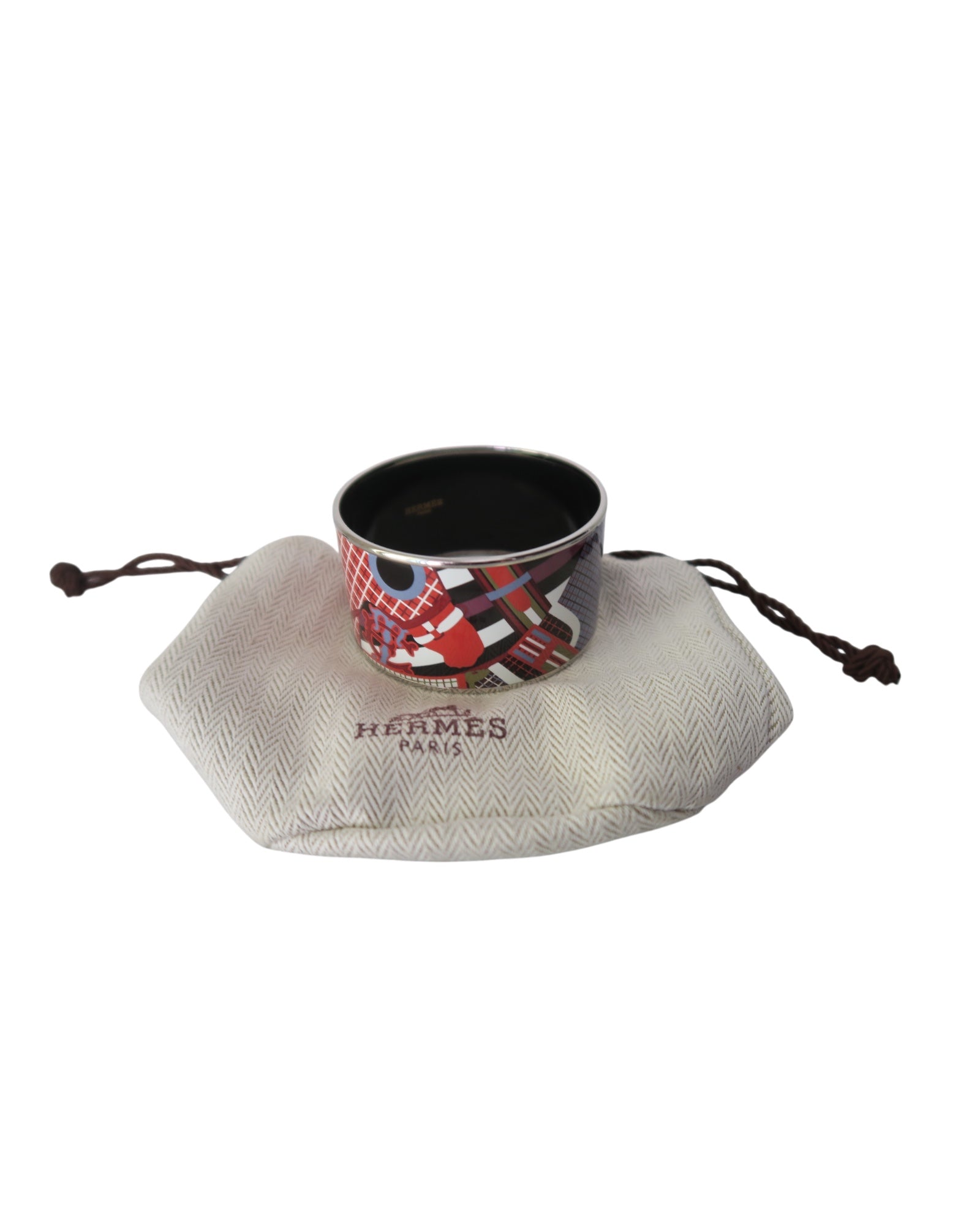 Hermès Pour Sortir brick red and multicolor enamel bangle bracelet with equestrian print and polished metal trim.
