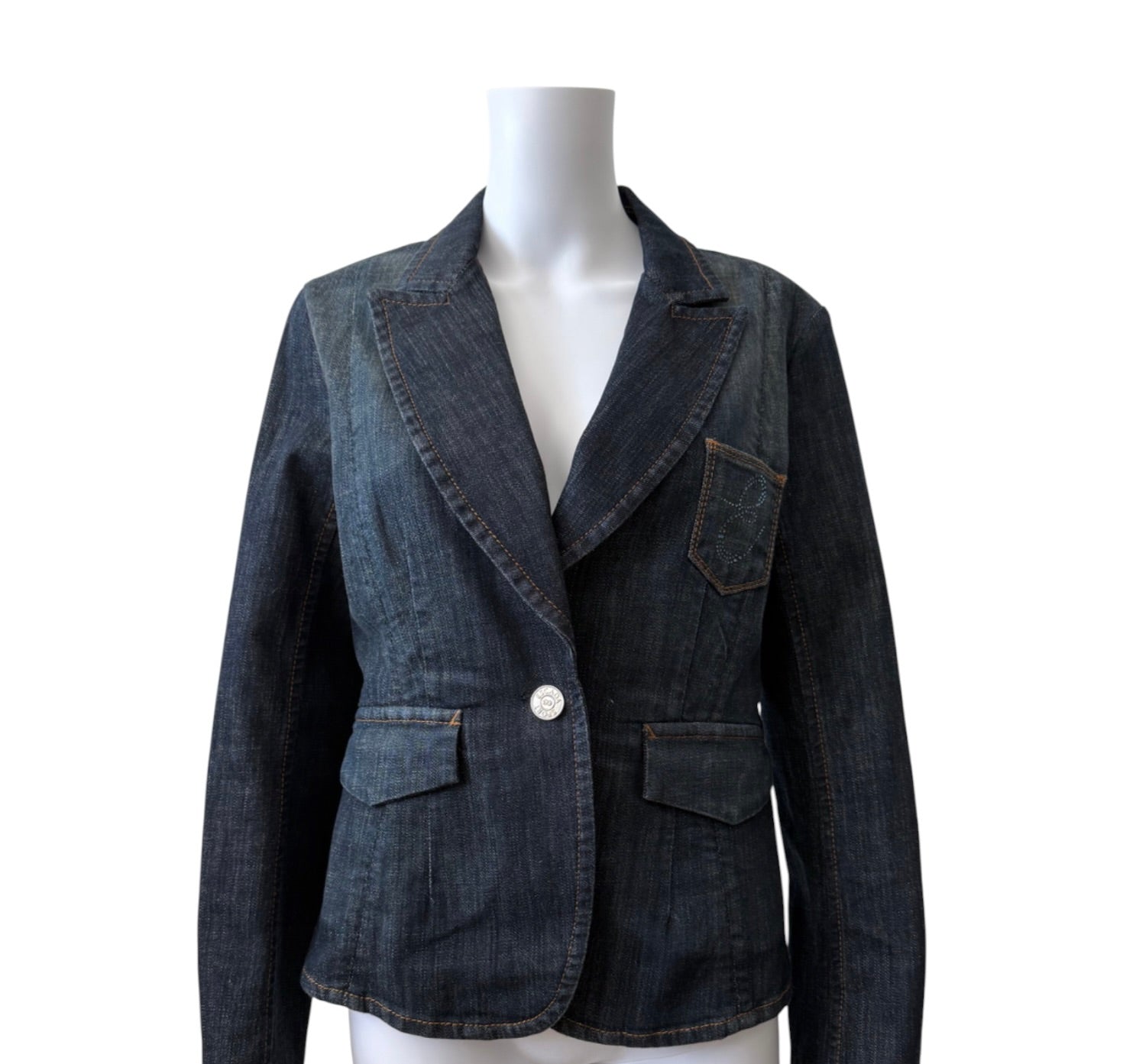 Escada Sport tailored dark wash denim blazer with notch lapels, logo button closure, flap pockets, and contrast stitching.