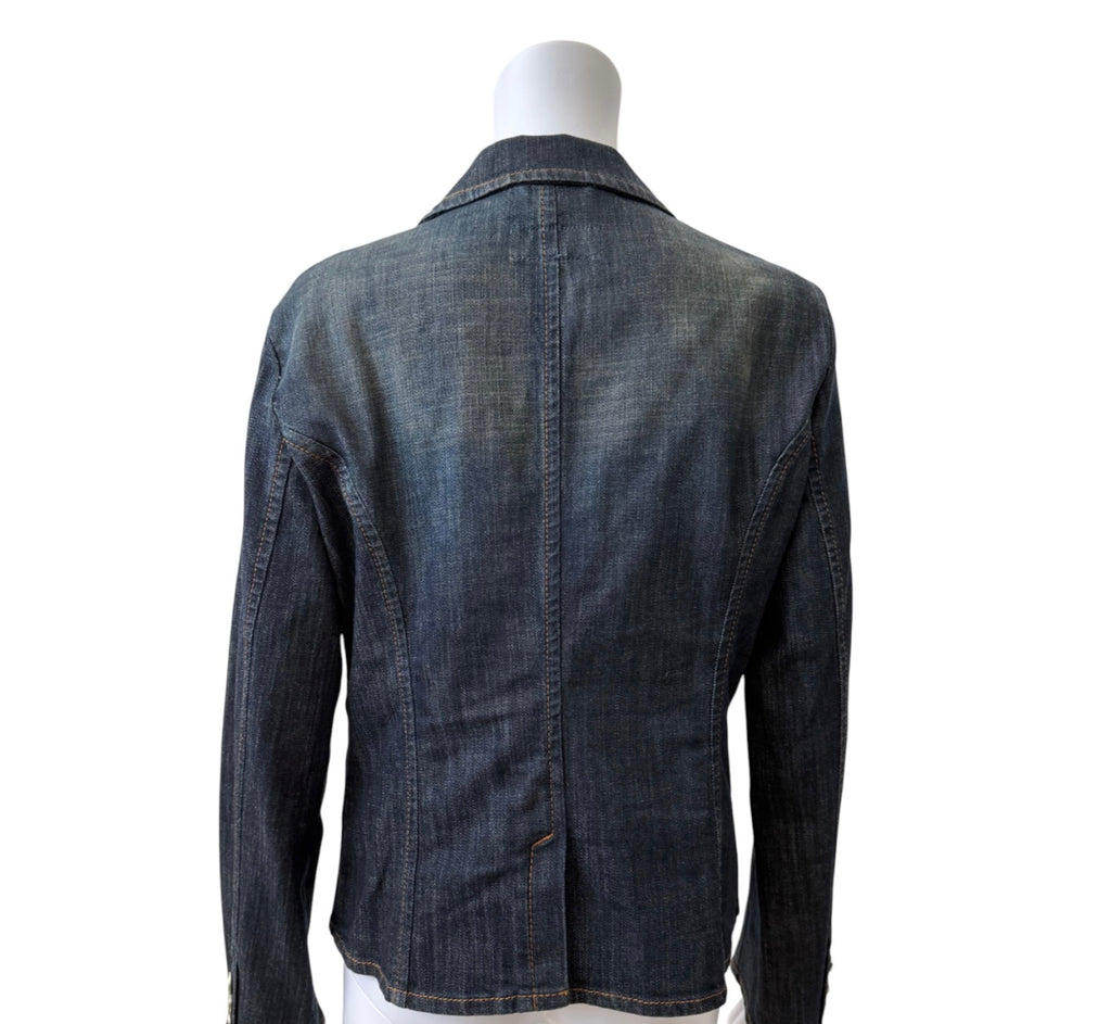 Escada Sport tailored dark wash denim blazer with notch lapels, logo button closure, flap pockets, and contrast stitching.