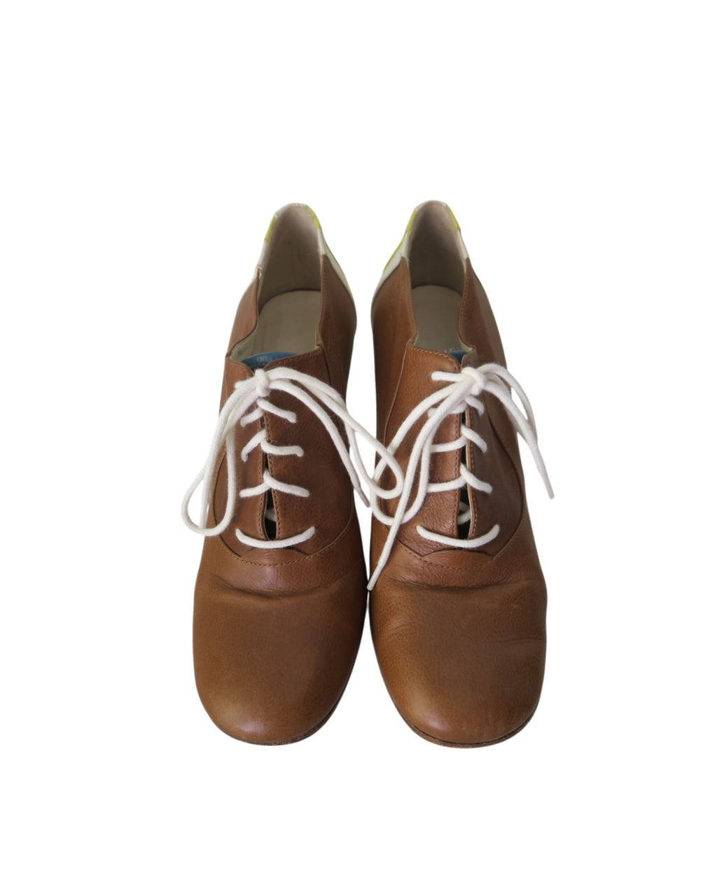 Michel Perry women's brown leather Oxford shoes with white contrast laces, rounded toe, and classic designer lace-up silhouette.