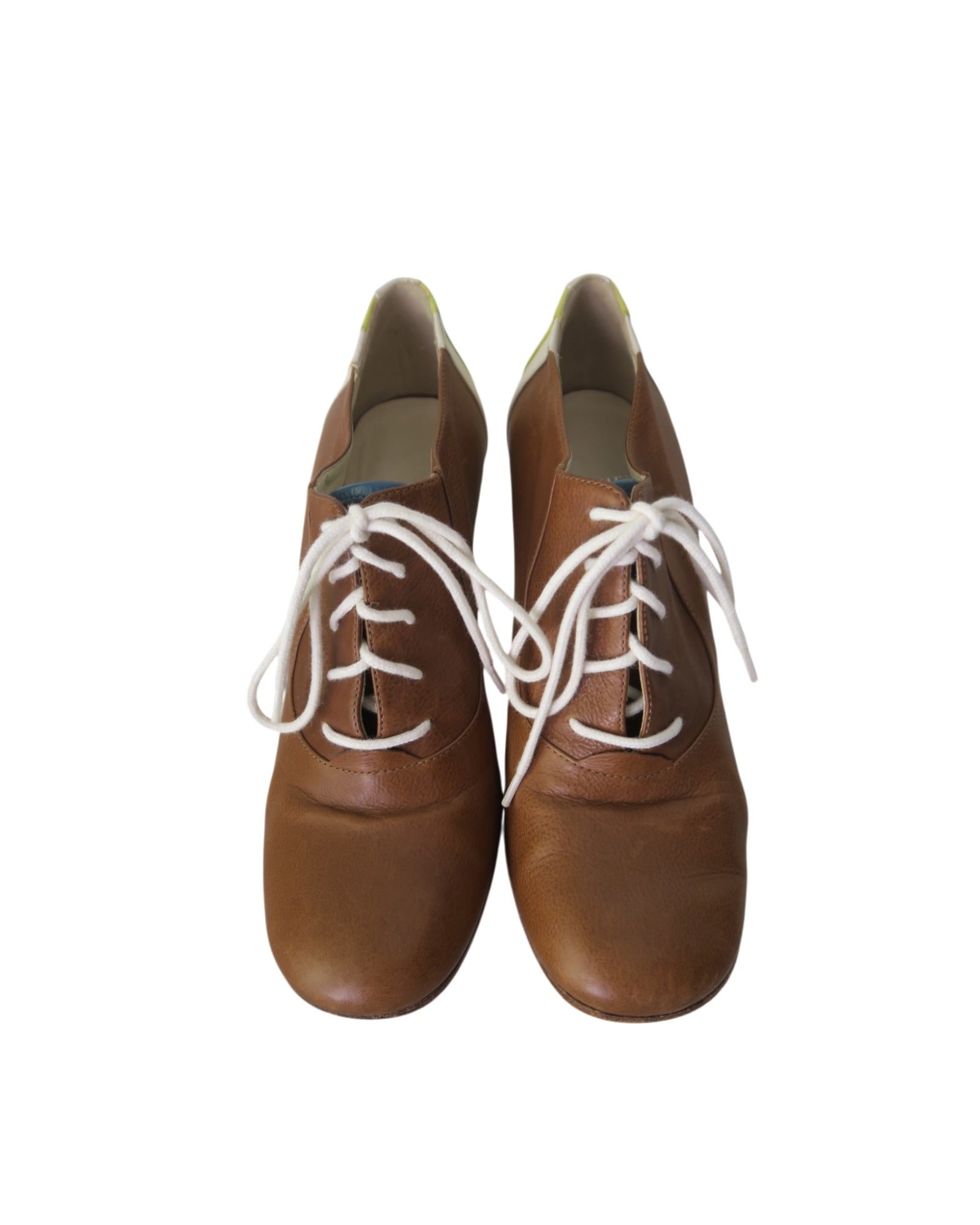 Michel Perry women's brown leather Oxford shoes with white contrast laces, rounded toe, and classic designer lace-up silhouette.
