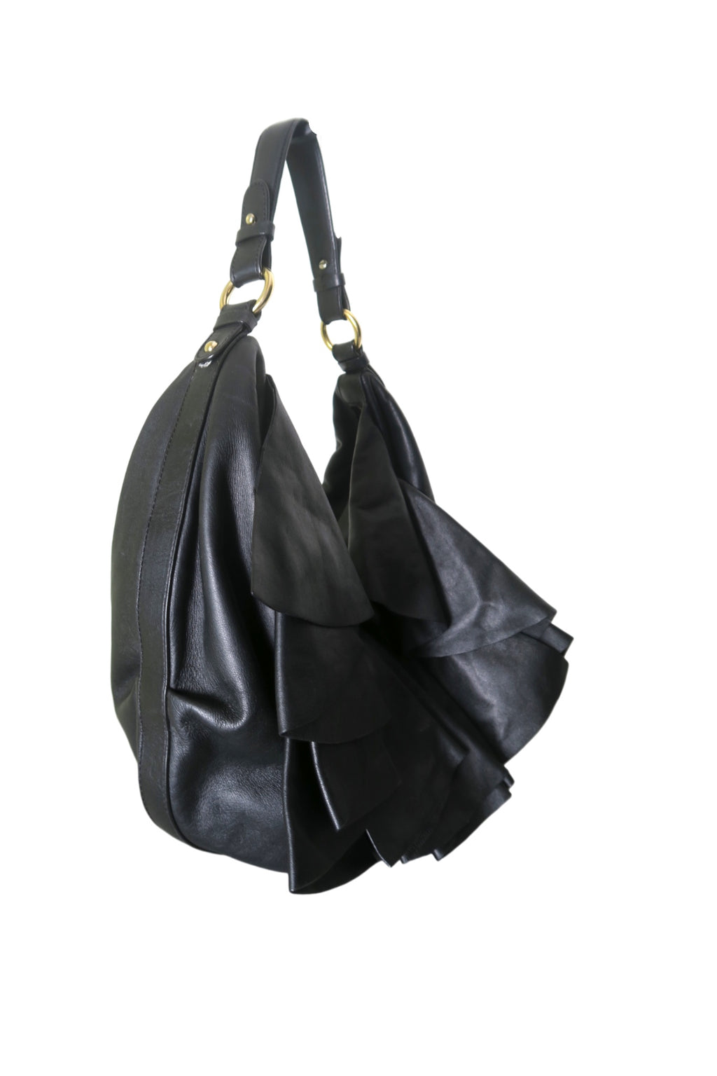 Giorgio Armani black leather shoulder bag with layered ruffle detailing and gold-tone hardware