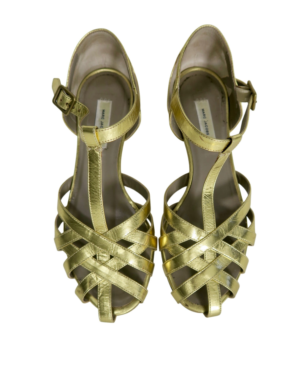 Marc Jacobs Gold Metallic Leather T-Strap Sandals Size 6