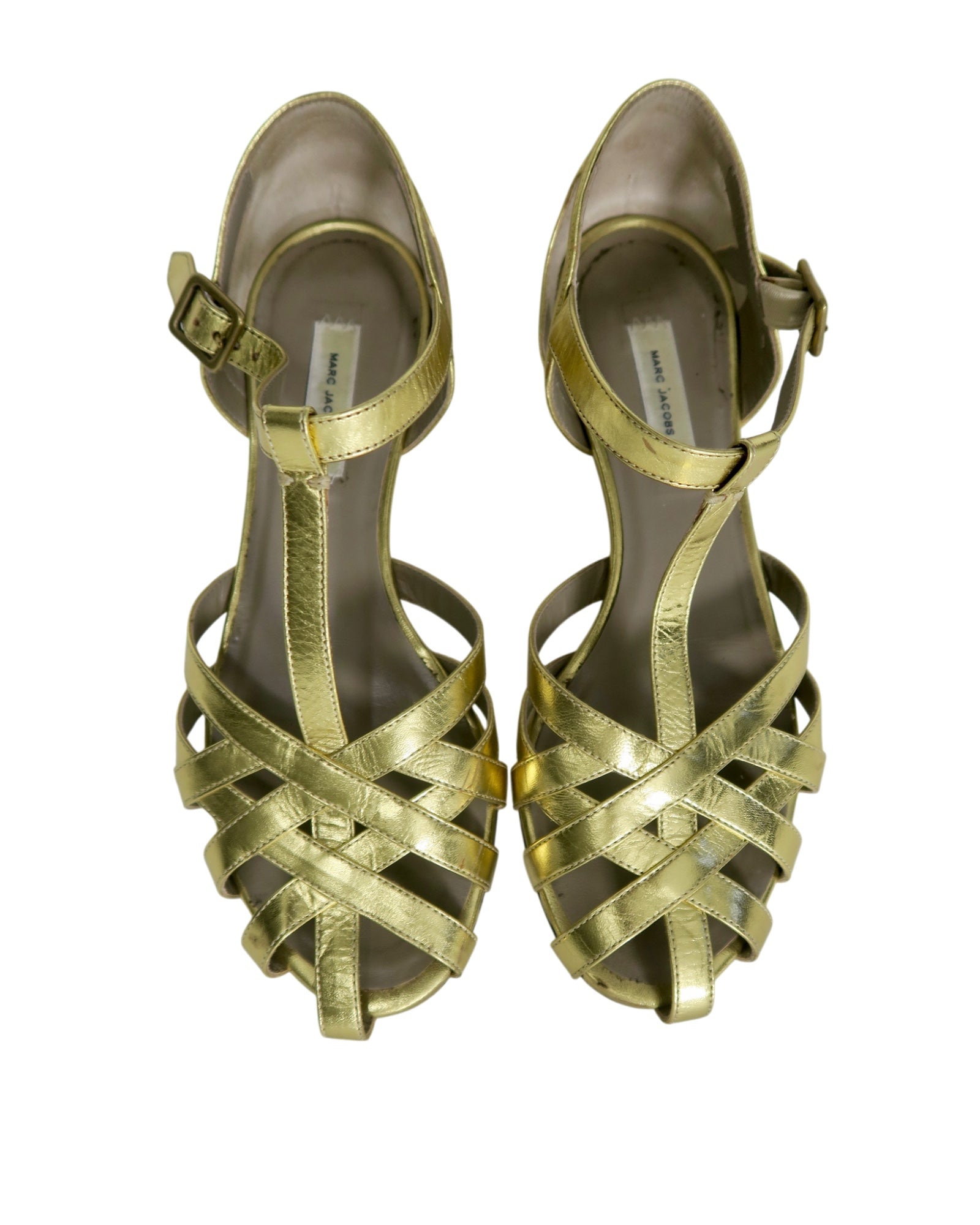 Marc Jacobs Gold Metallic Leather T-Strap Sandals Size 6