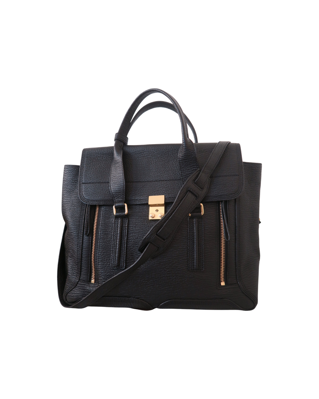 3.1 Phillip Lim Pashli large satchel in black pebbled leather with signature zip gussets, gold-tone hardware, and removable shoulder strap.