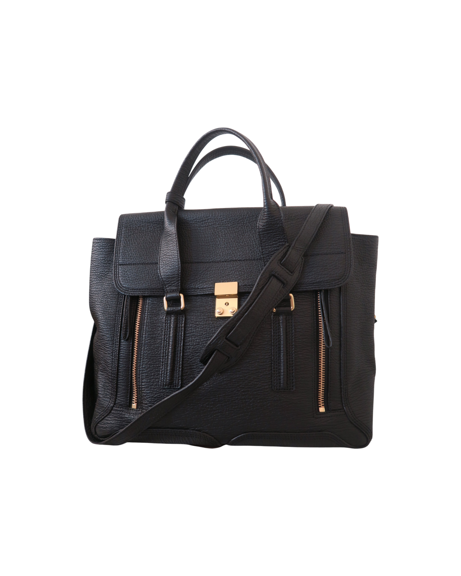 3.1 Phillip Lim Pashli large satchel in black pebbled leather with signature zip gussets, gold-tone hardware, and removable shoulder strap.