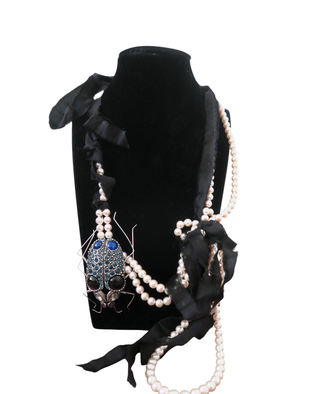 AUTHENTIC LANVIN Pearl & Black Silk Ribbon Necklace