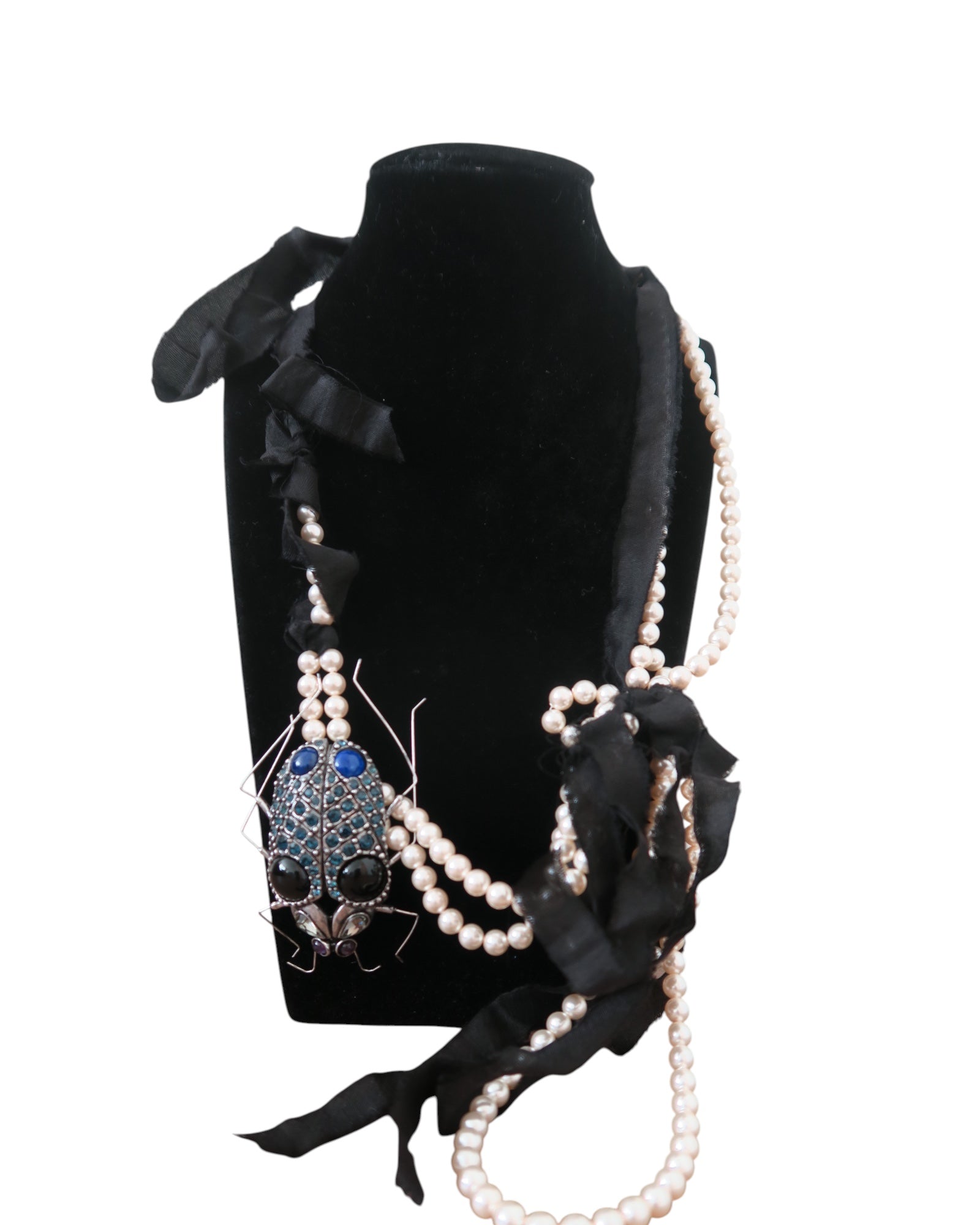 AUTHENTIC LANVIN Pearl & Black Silk Ribbon Necklace