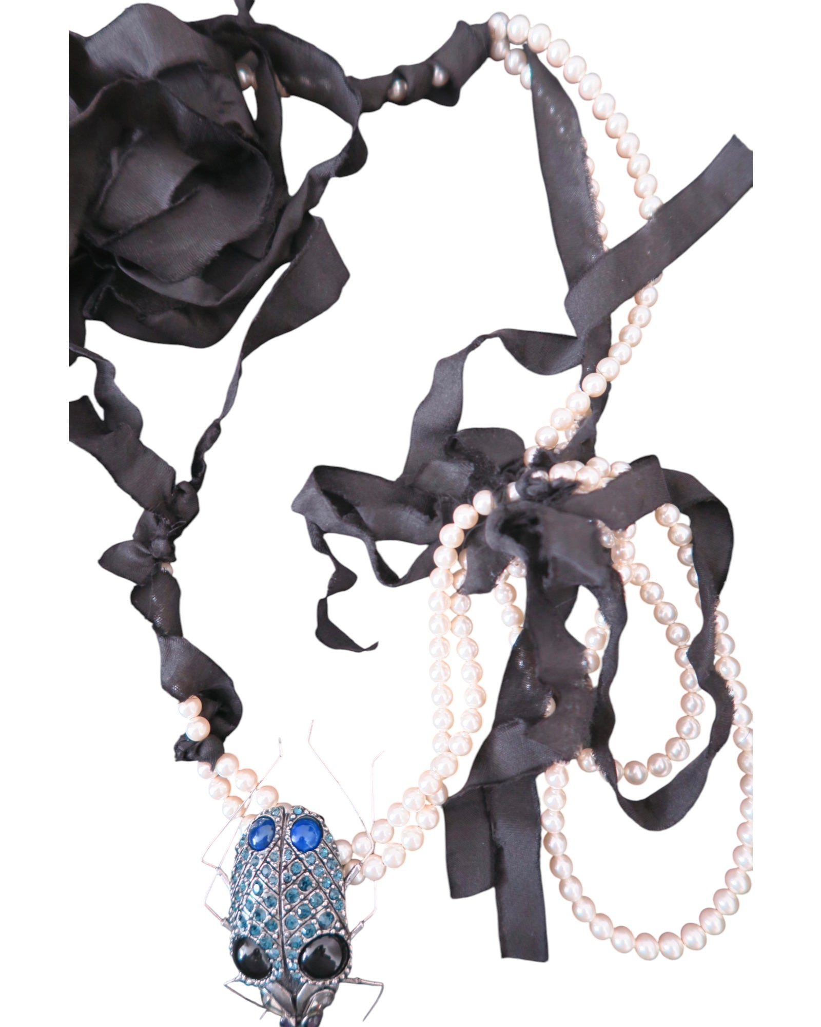 AUTHENTIC LANVIN Pearl & Black Silk Ribbon Necklace