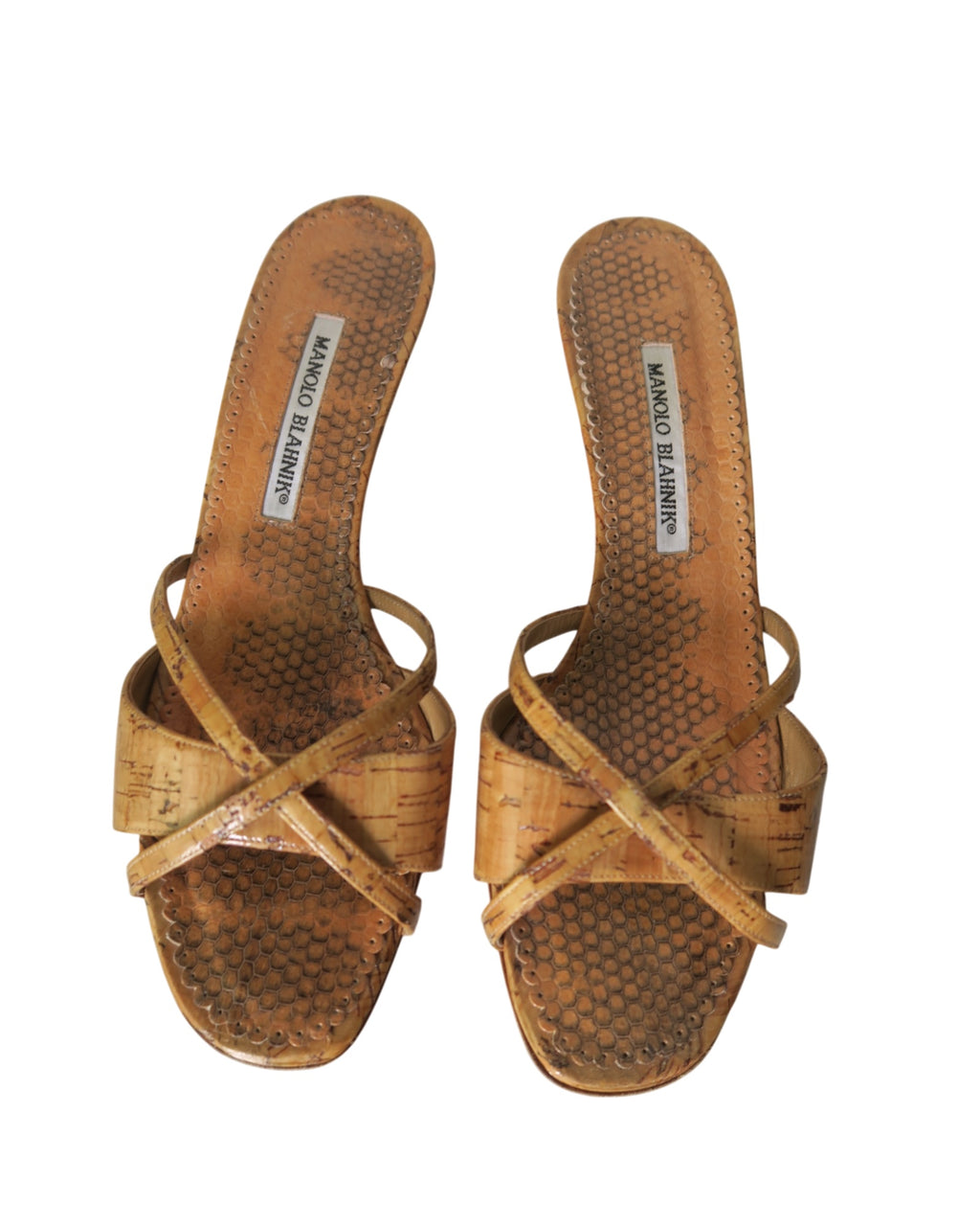 Manolo Blahnik snakeskin slide sandals with crisscross straps, square open toe and slim heel