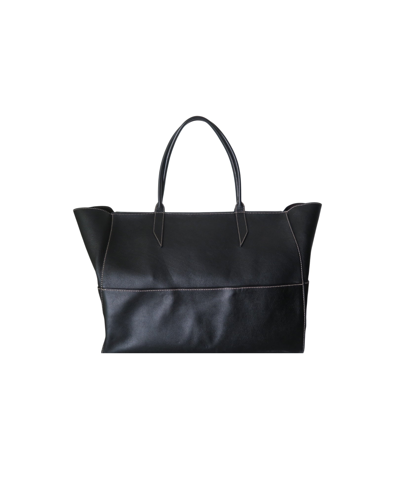 Métier black leather tote bag with dual top handles, structured silhouette and subtle logo detailing.