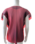 A short-sleeve pleated top displayed on a white mannequin torso. The top features a vertical pleated design with a color gradient transitioning from pink on the sides to a vibrant aubergine 