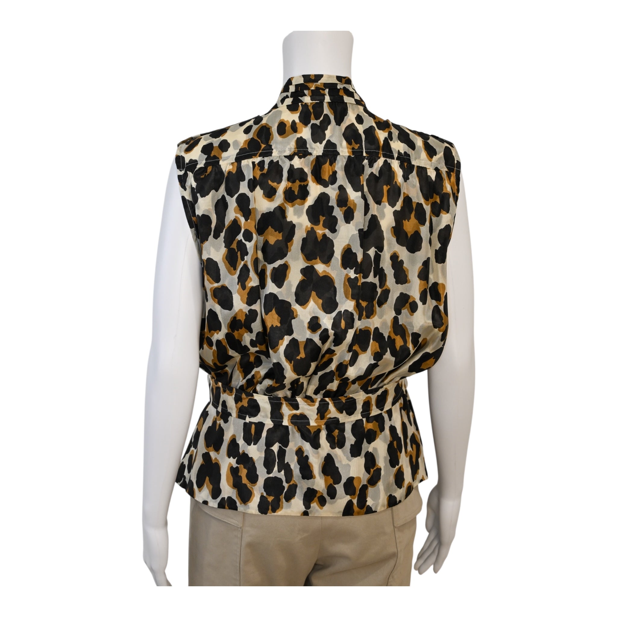 Yves Saint Laurent YSL by Stefano Pilati Leopard Print Pussy Bow Sleeveless Blouse Size 42