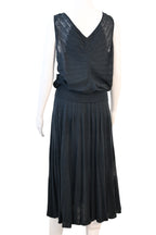 AUTHENTIC HERMÈS Deep Blue Cashmere Ruched V-Neck Top & Pleated Skirt Set Size 40