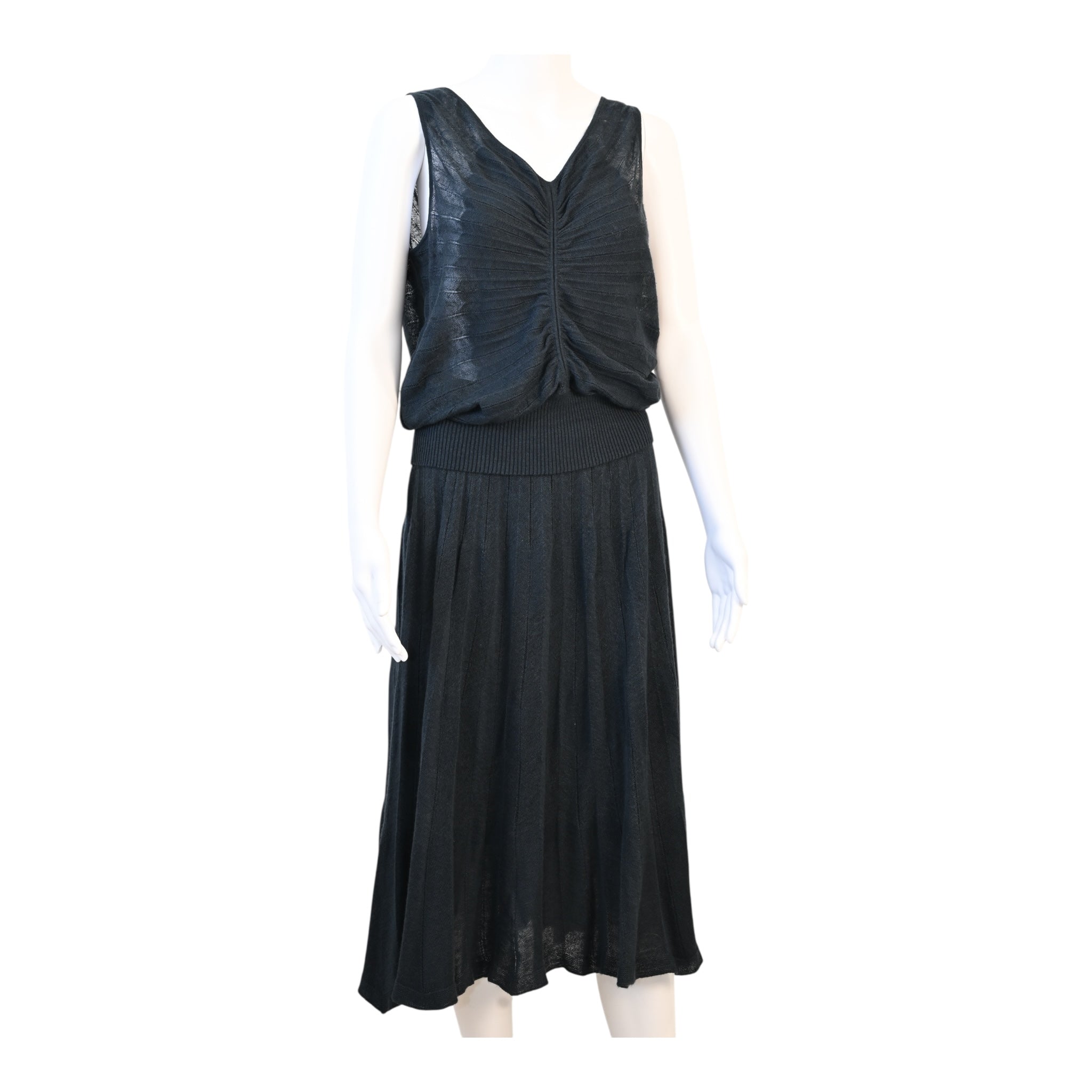 AUTHENTIC HERMÈS Deep Blue Cashmere Ruched V-Neck Top & Pleated Skirt Set Size 40