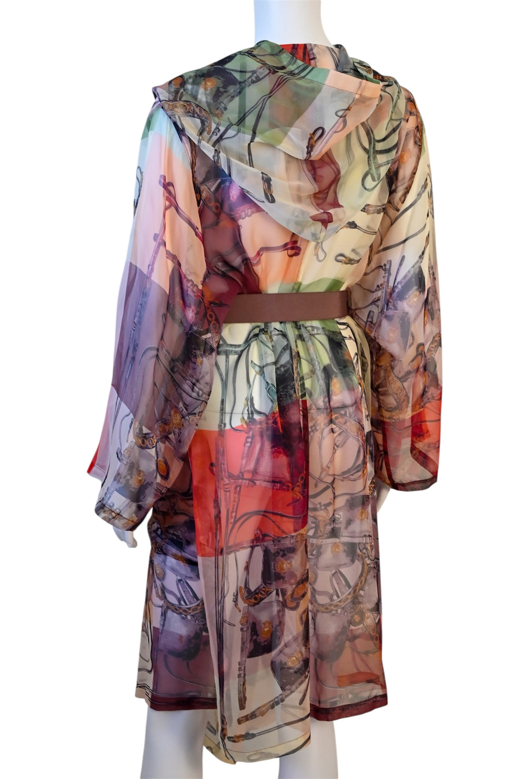 Hermès Brides de Gala silk chiffon cover-up featuring the iconic equestrian print, self-tie belt, and flowing semi-sheer silhouette.