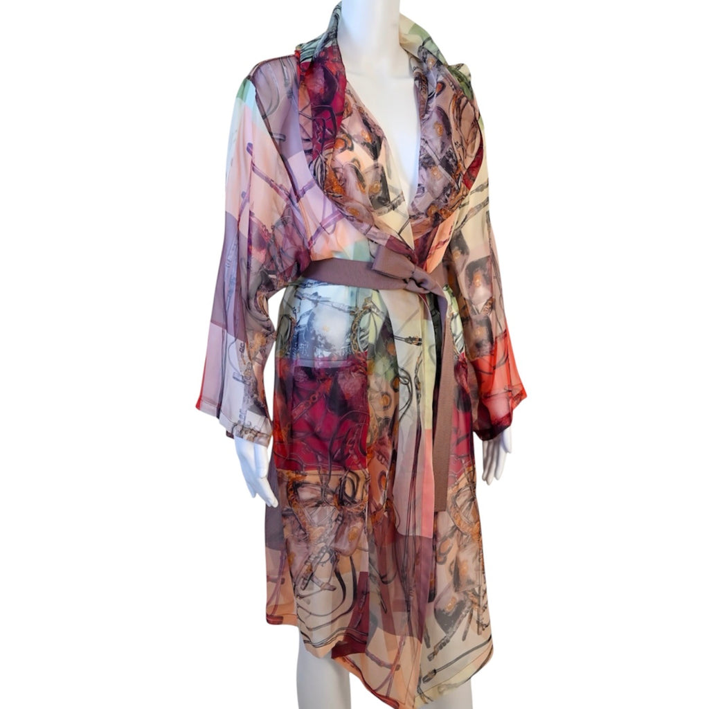 Hermès Brides de Gala silk chiffon cover-up featuring the iconic equestrian print, self-tie belt, and flowing semi-sheer silhouette.