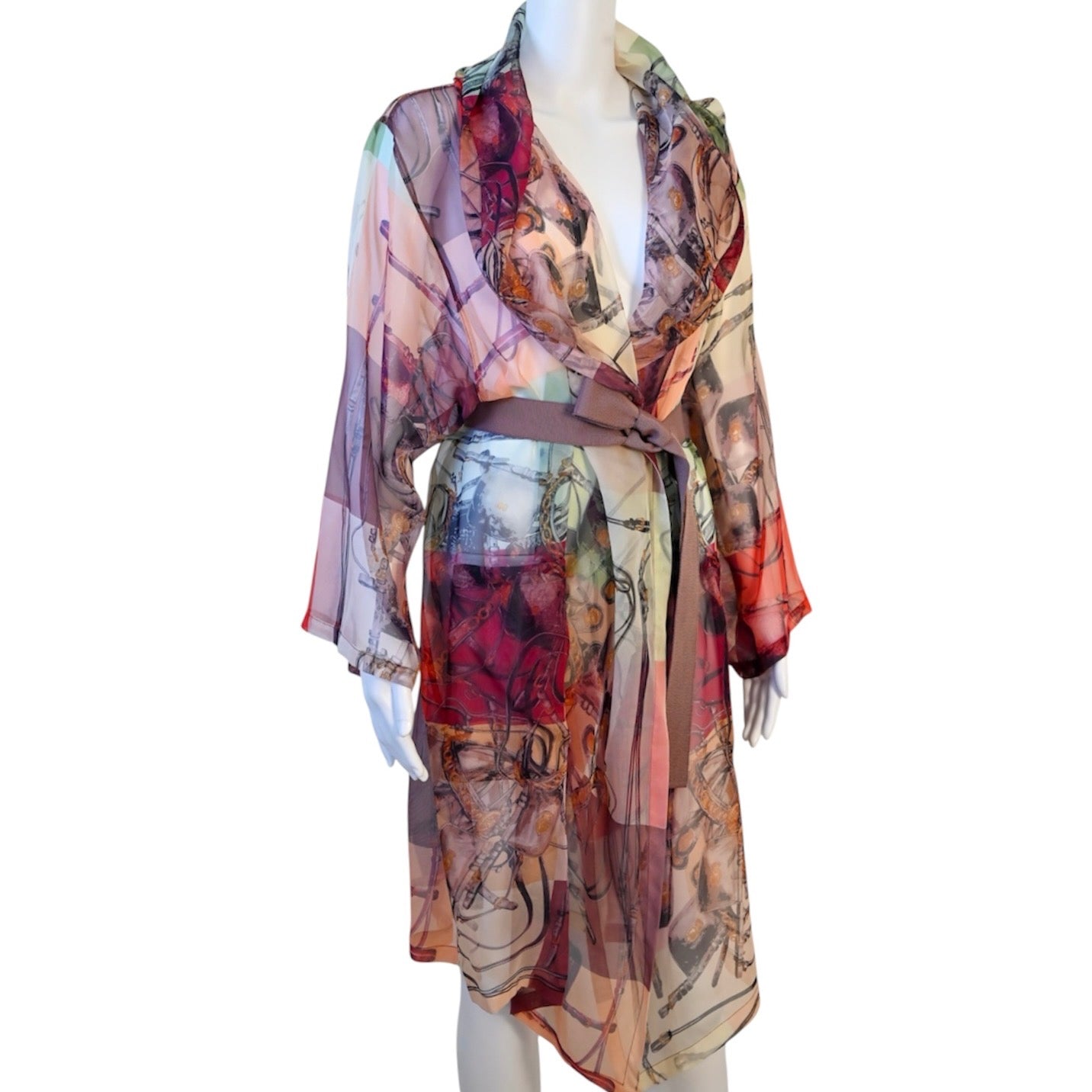 Hermès Brides de Gala silk chiffon cover-up featuring the iconic equestrian print, self-tie belt, and flowing semi-sheer silhouette.