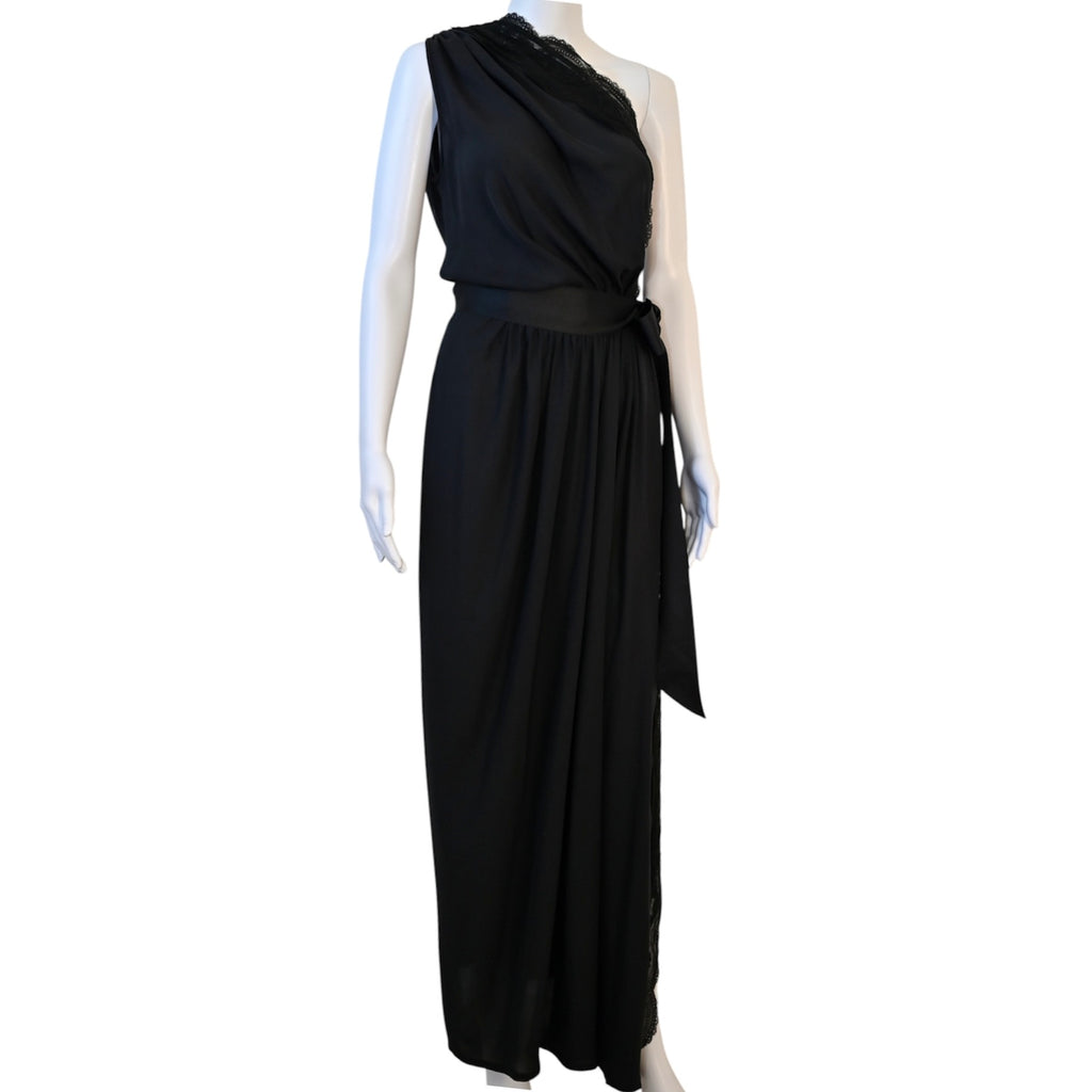 AUTHENTIC Yves Saint Laurent Rive Gauche Black One-Shoulder Lace Trim Gown — Vintage France, Documented Archive Piece Size 42