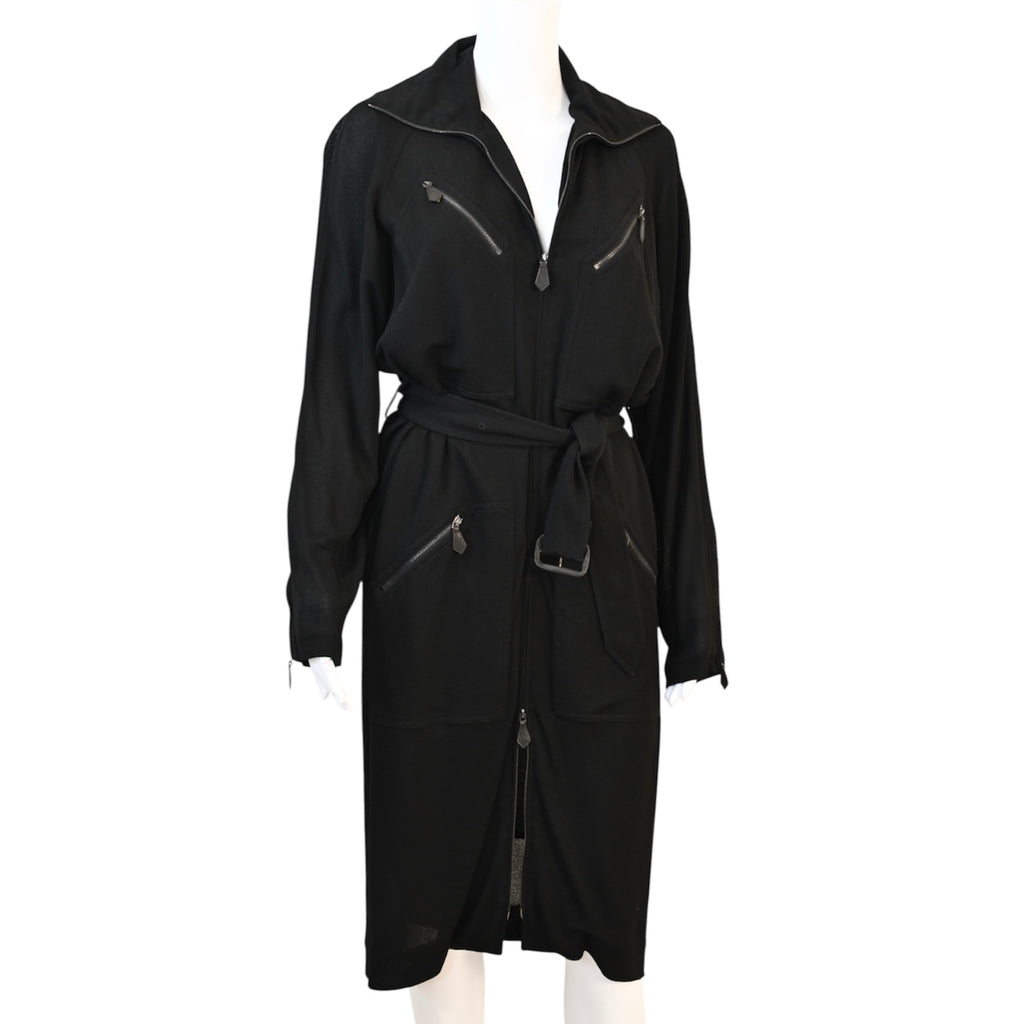 HERMÈS Black Flight Suit Zip-Front Belted Midi Dress Size 42 - Gaultier Era