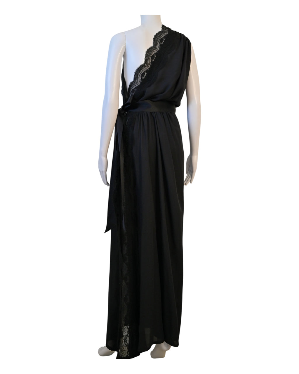 AUTHENTIC Yves Saint Laurent Rive Gauche Black One-Shoulder Lace Trim Gown — Vintage France, Documented Archive Piece Size 42