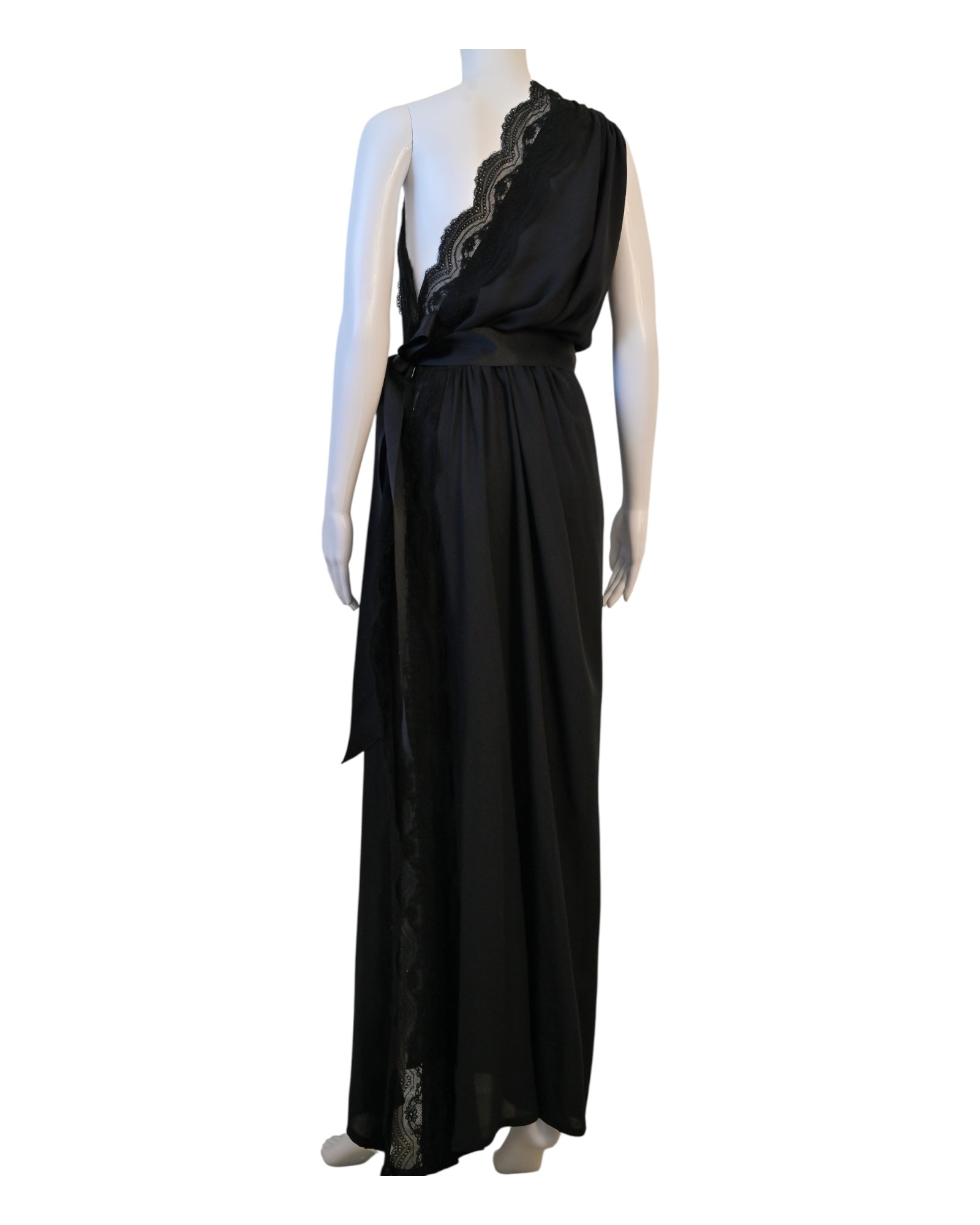 AUTHENTIC Yves Saint Laurent Rive Gauche Black One-Shoulder Lace Trim Gown — Vintage France, Documented Archive Piece Size 42