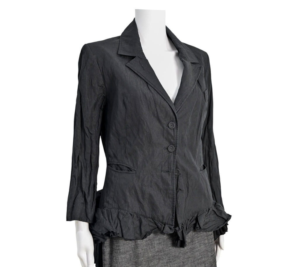 Isabel De Pedro Black Crinkle Blazer with Ruffled Hem Size 10