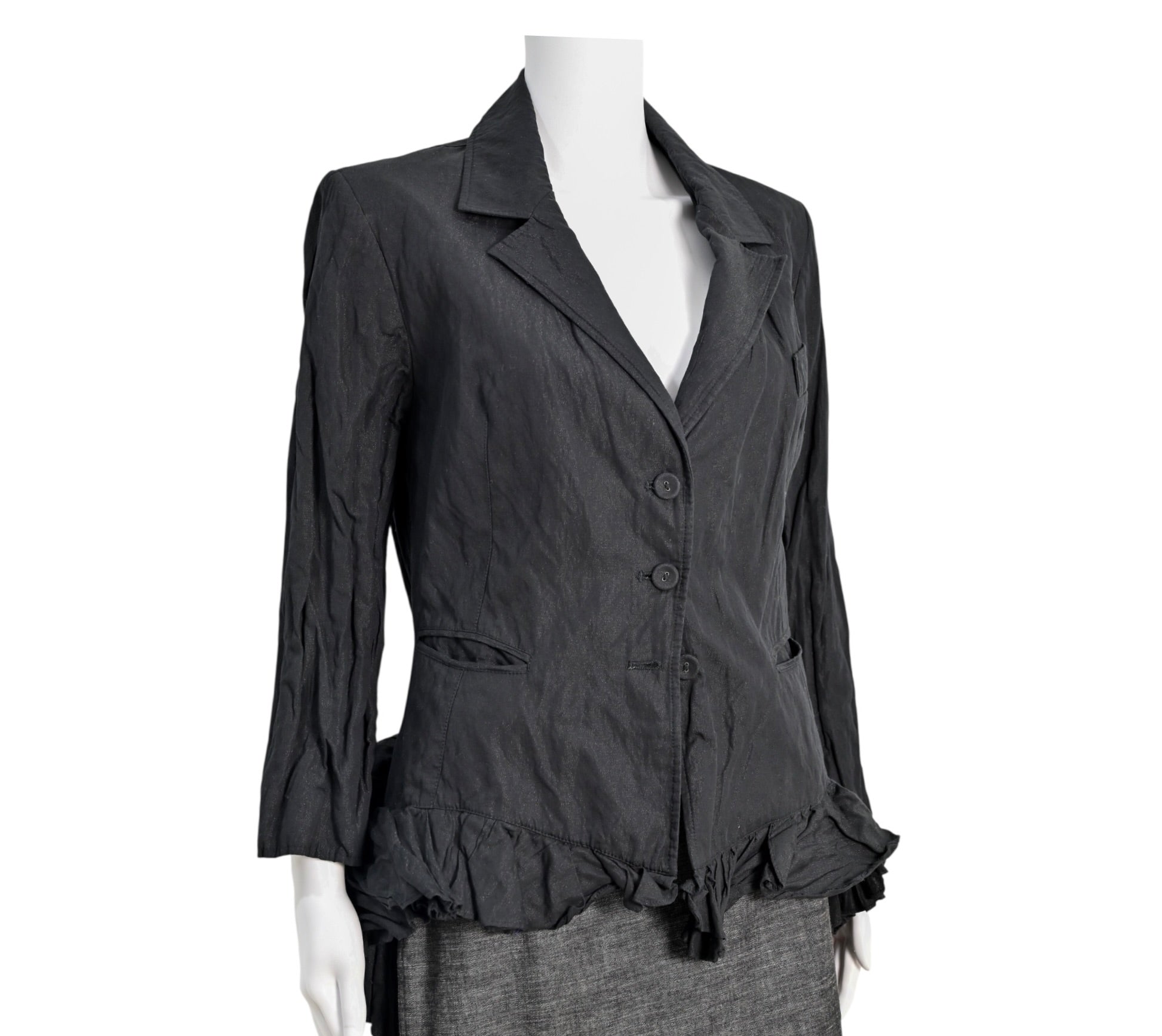 Isabel De Pedro Black Crinkle Blazer with Ruffled Hem Size 10