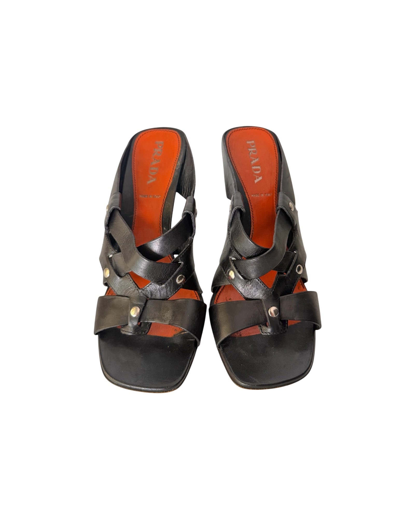Prada Black Leather Stud Slide Sandals Size 35.5