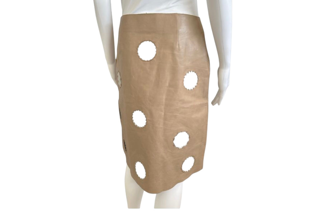 Prada tan leather knee-length skirt with circular mirror embellishments and stitched detailing