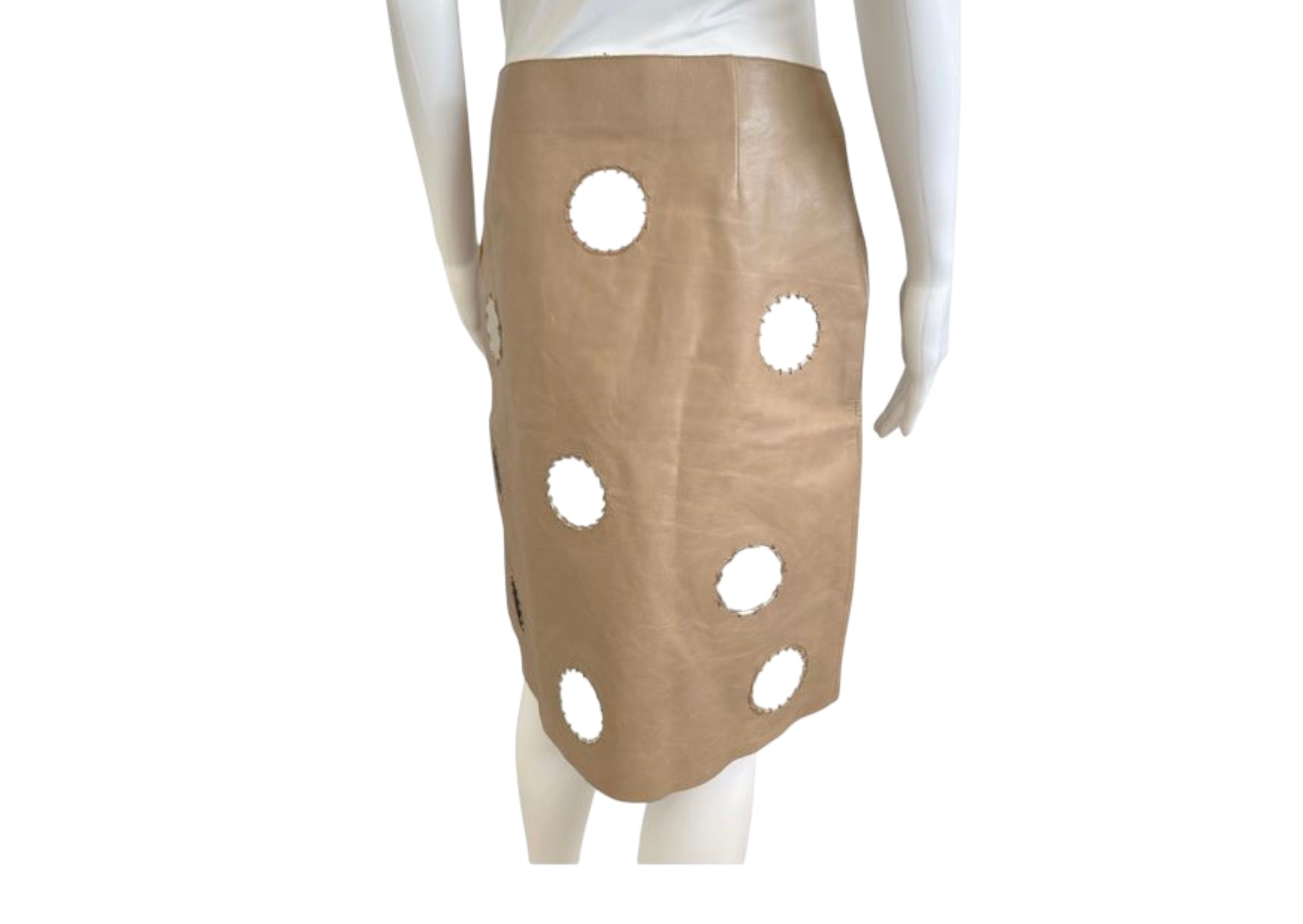 Prada tan leather knee-length skirt with circular mirror embellishments and stitched detailing