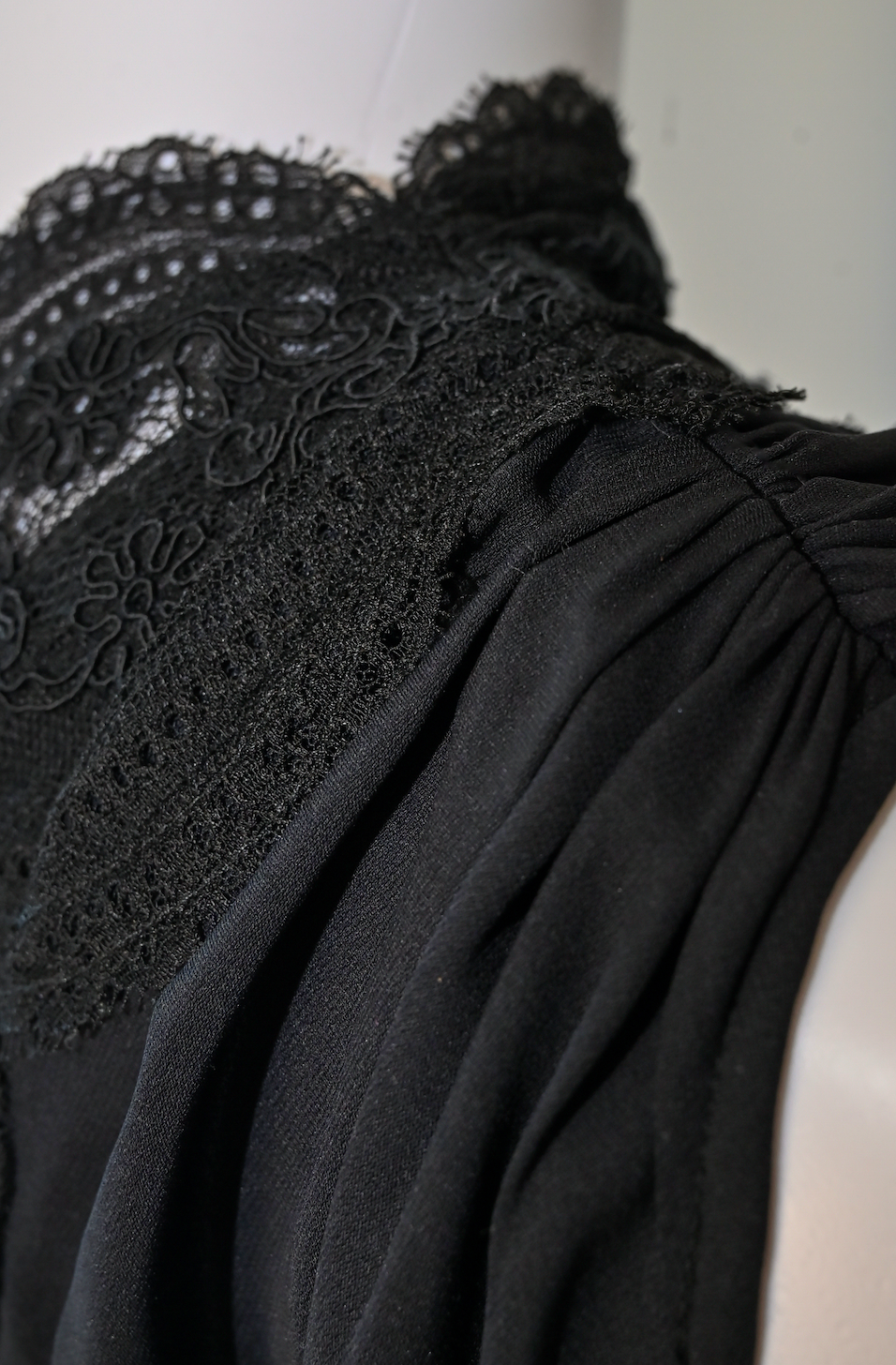 AUTHENTIC Yves Saint Laurent Rive Gauche Black One-Shoulder Lace Trim Gown — Vintage France, Documented Archive Piece Size 42