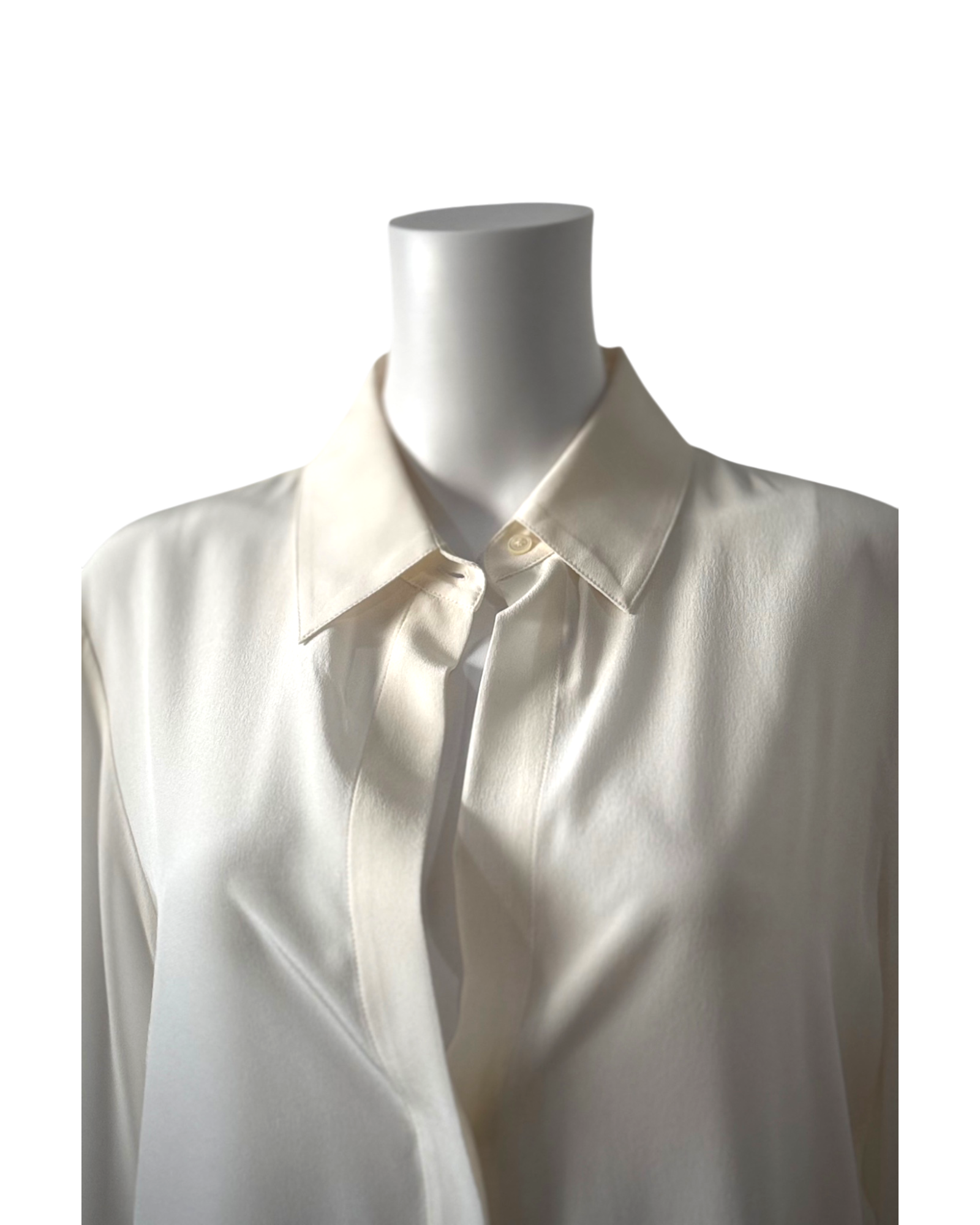 TWP ivory button-down blouse with concealed placket, pointed collar and elongated cuffs