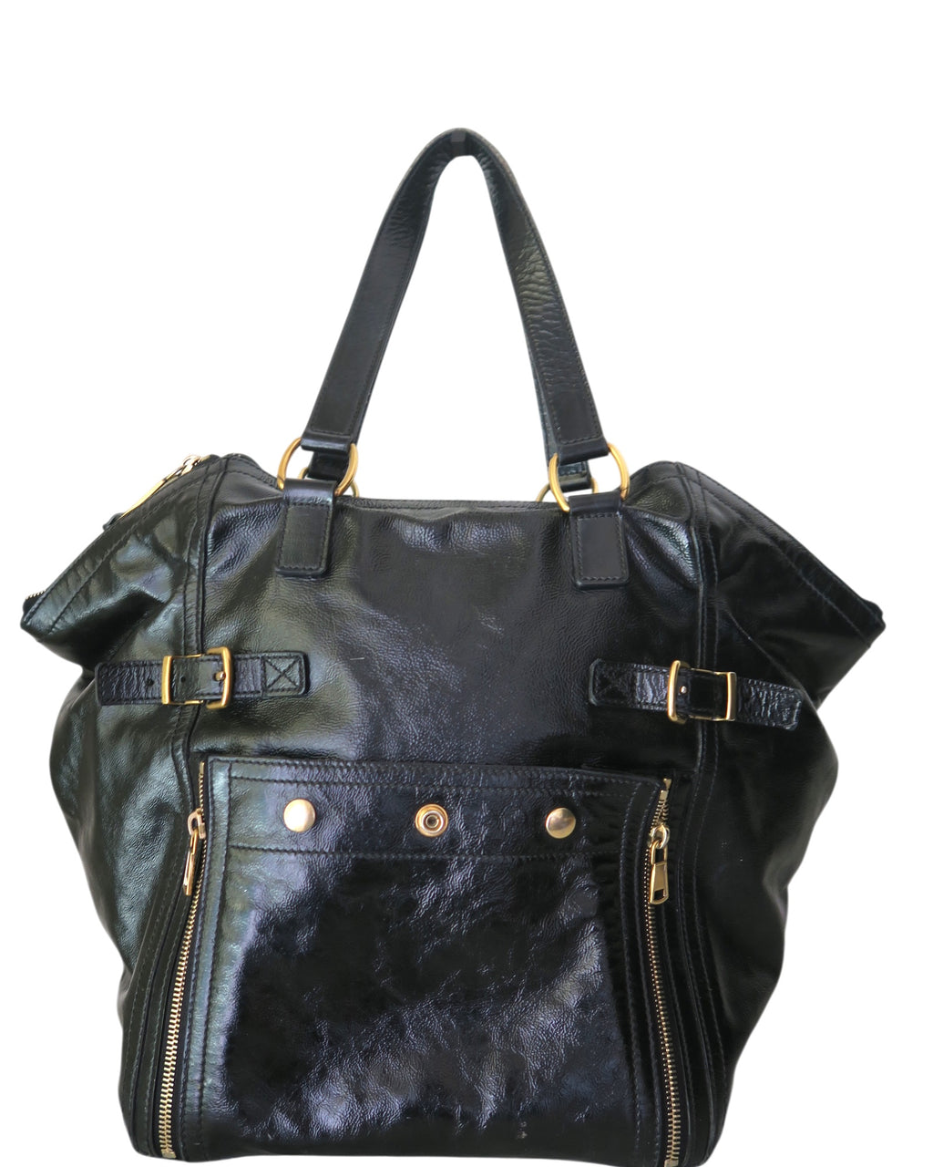 Authentic Yves Saint Laurent Downtown tote bag in black patent leather with gold-tone hardware, front zip pocket, and shoulder straps.