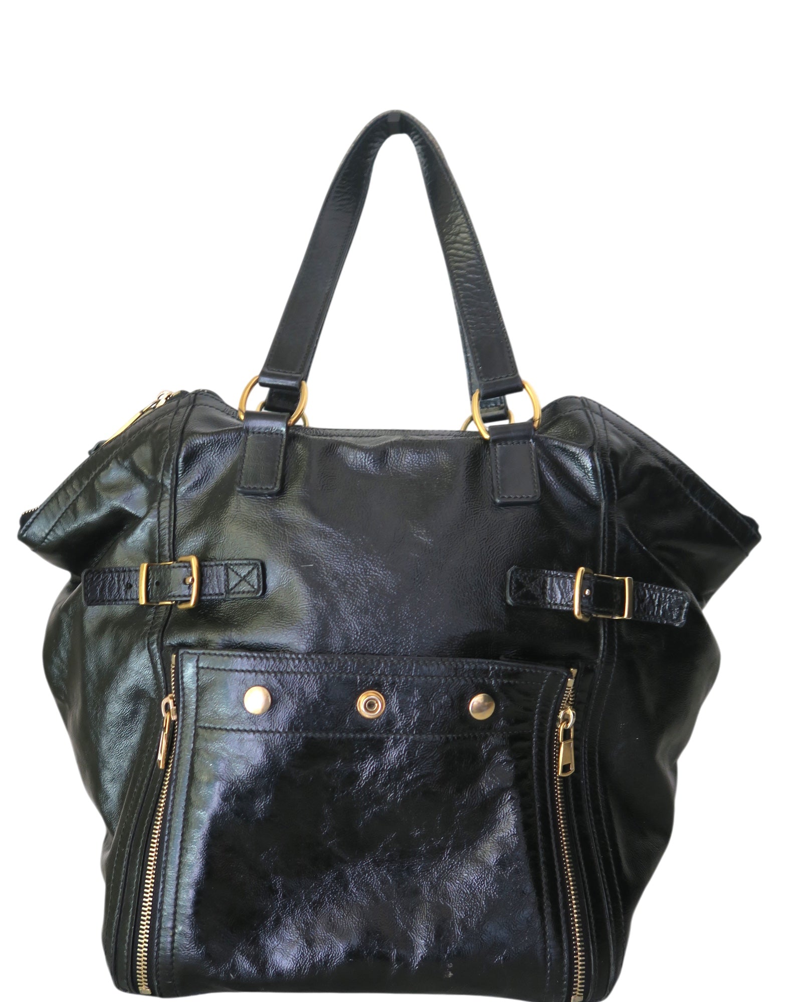 Authentic Yves Saint Laurent Downtown tote bag in black patent leather with gold-tone hardware, front zip pocket, and shoulder straps.