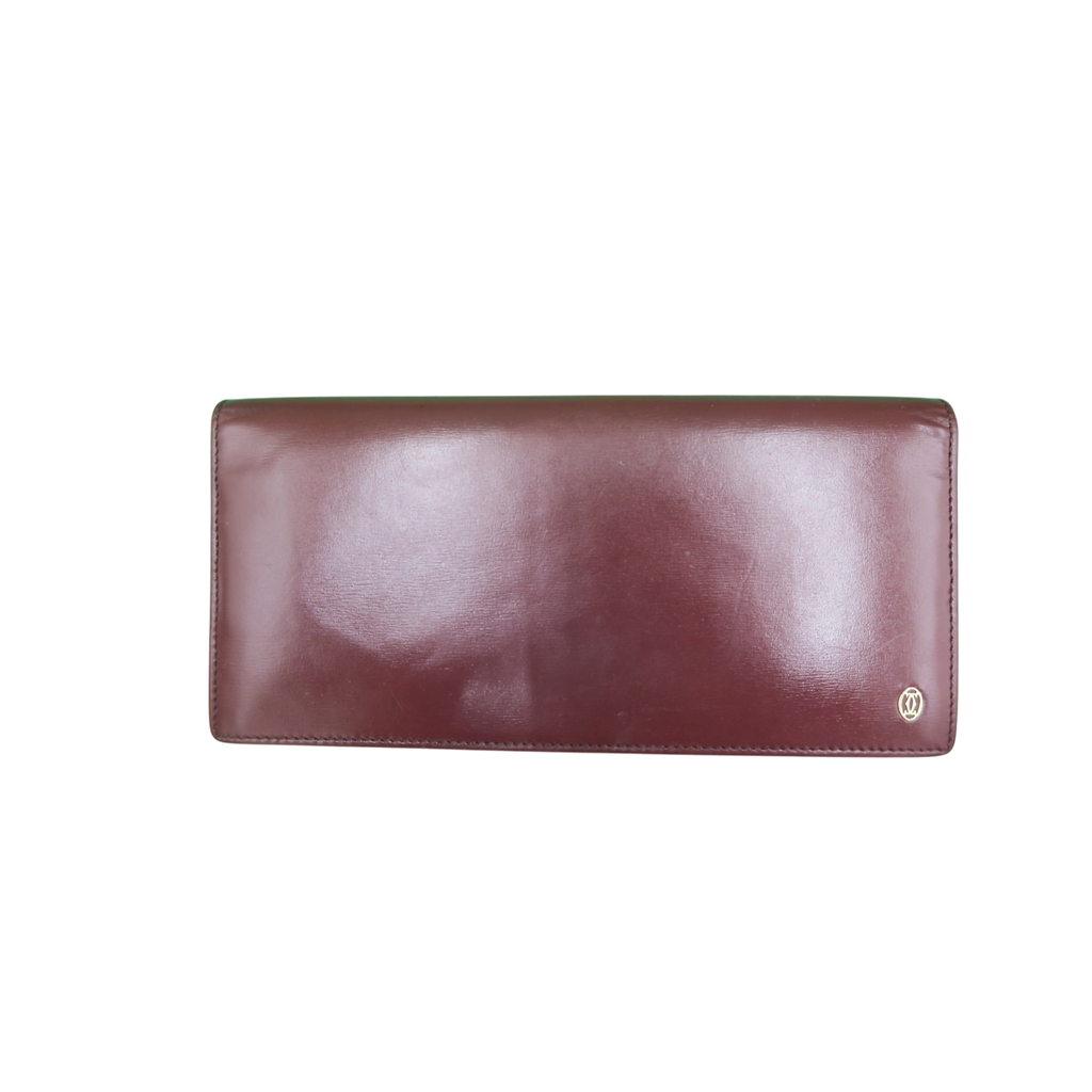 AUTHENTIC CARTIER Bordeaux Leather Bi-Fold Long Wallet — Gold Logo Hardware, Refurbished, Personal Provenance