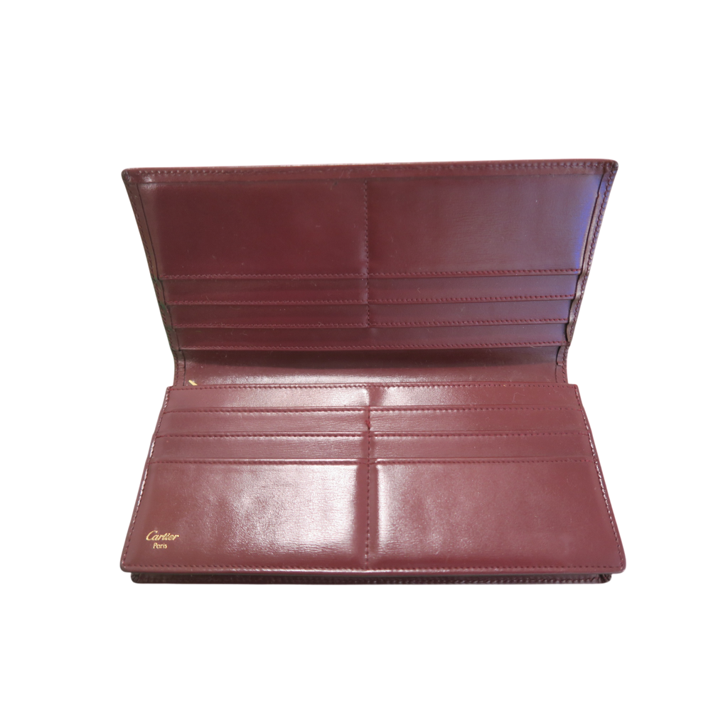 AUTHENTIC CARTIER Bordeaux Leather Bi-Fold Long Wallet — Gold Logo Hardware, Refurbished, Personal Provenance